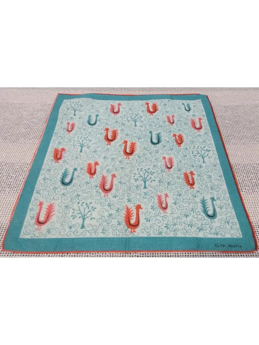 1950s Hankie FAITH AUSTIN Mid Century Colors Birds Peacock Rooster Rare Birds